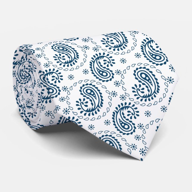 cool blue white paisley tiled pattern neck tie (Rolled)