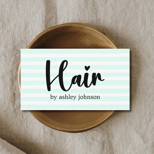 Cool Blue White Striped Bold Heart Hair Salon Business Card (Creator Uploaded)