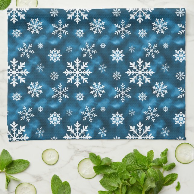 Cool Blue With White Snowflake Pattern Winter Tea Towel (Folded)