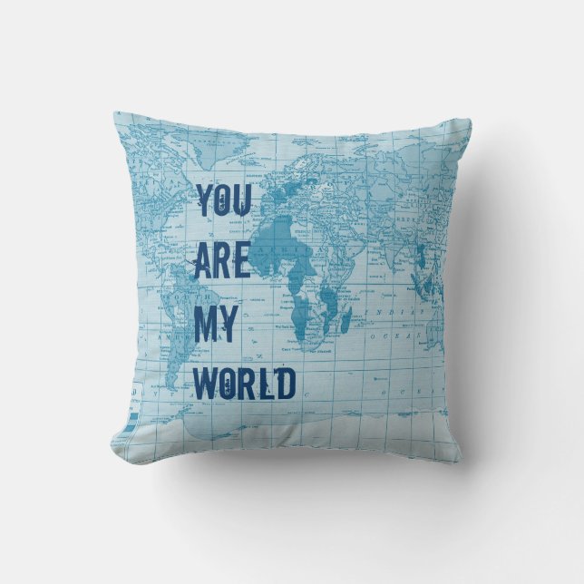 Cool Blue World Map Pillow (Front)
