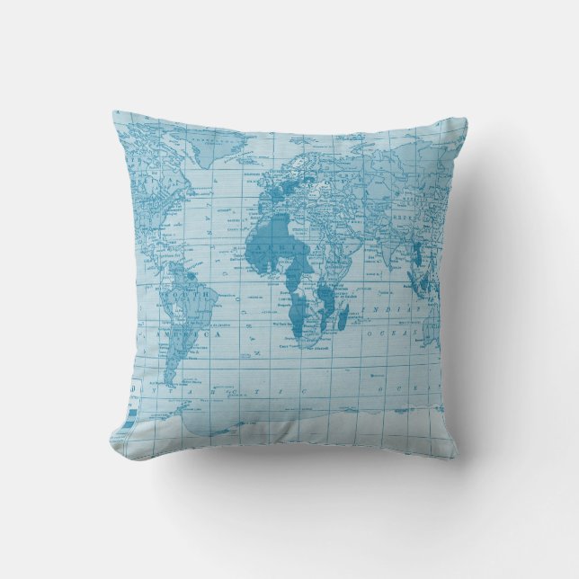 Cool Blue World Map Pillow (Front)
