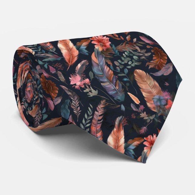 cool Boho feathers and flowers  Tie (Rolled)