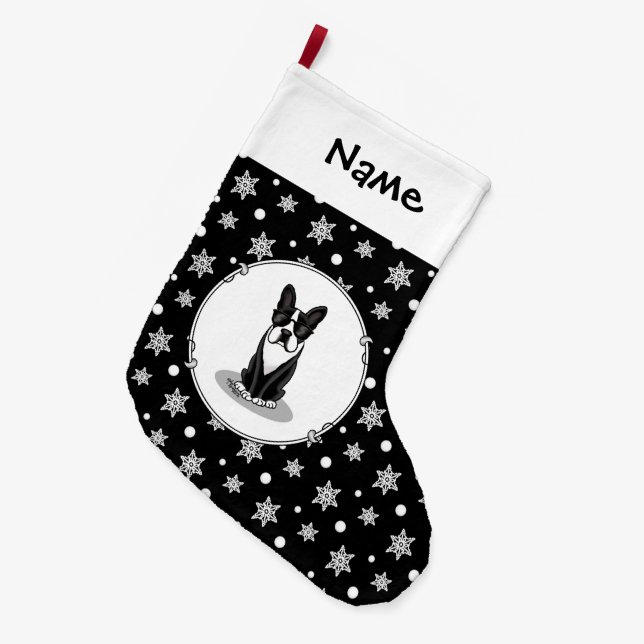 Cool Boston Terrier with Sunglasses (black) Large Christmas Stocking (Front (Hanging))