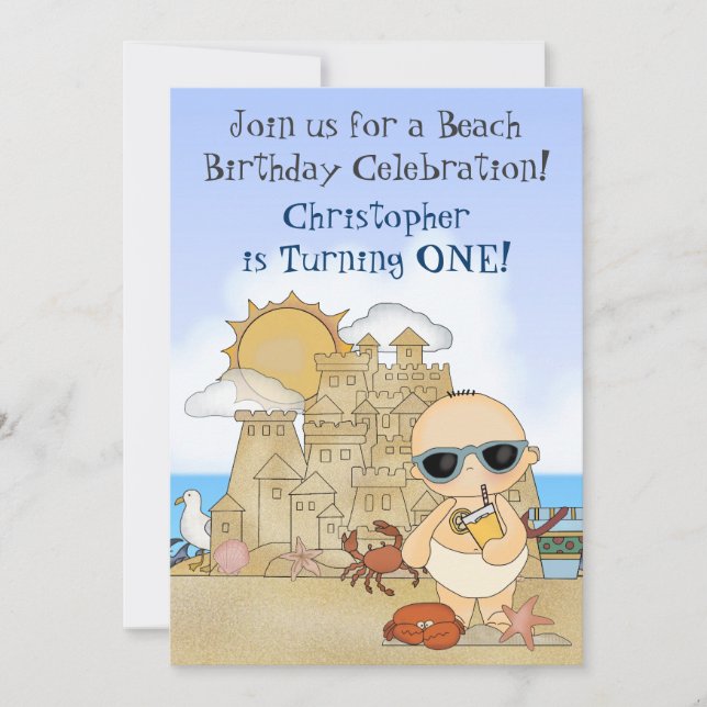 Cool Boy Beach Baby and Sandcastle 1st Birthday Invitation (Front)