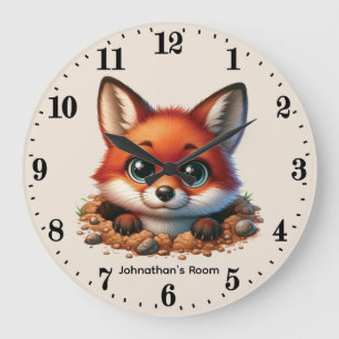 Cool boy's baby fox add name nursery large clock