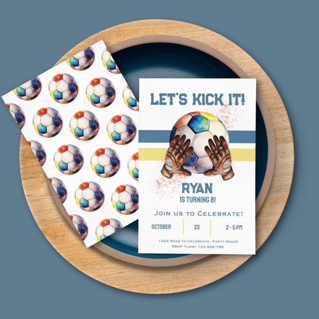 Cool Boys Sports Soccer Birthday Party  Invitation (Soccer Let's Kick It Colorful Fun Birthday Party Invitation)