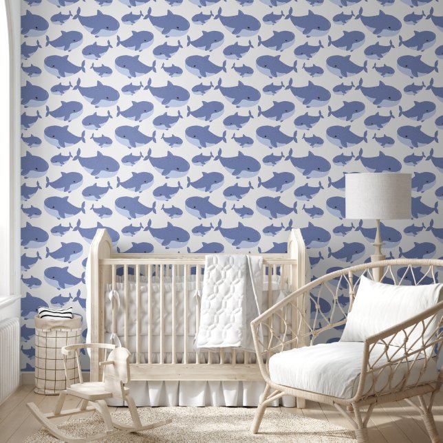 Cool boys tiled whale pattern nursery wallpaper (Kids)