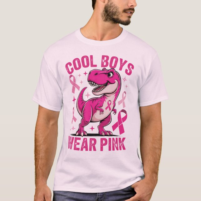 Cool Boys Wear Pink, T-Rex Breast Cancer Awareness T-Shirt (Front)