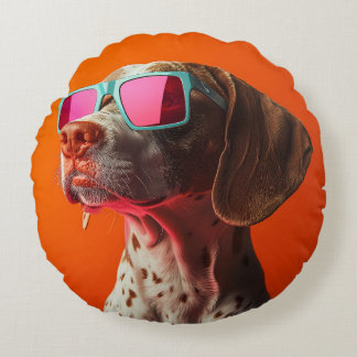 Cool bracco italiano dog with sunglasses round cushion