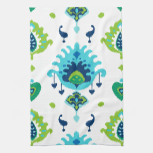 Cool bright blue and green tribal ikat print tea towel