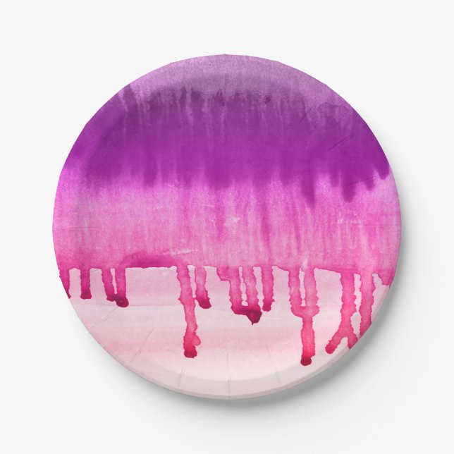 Cool Bright Pink Purple Watercolours Ombre Paper Plate (Front)