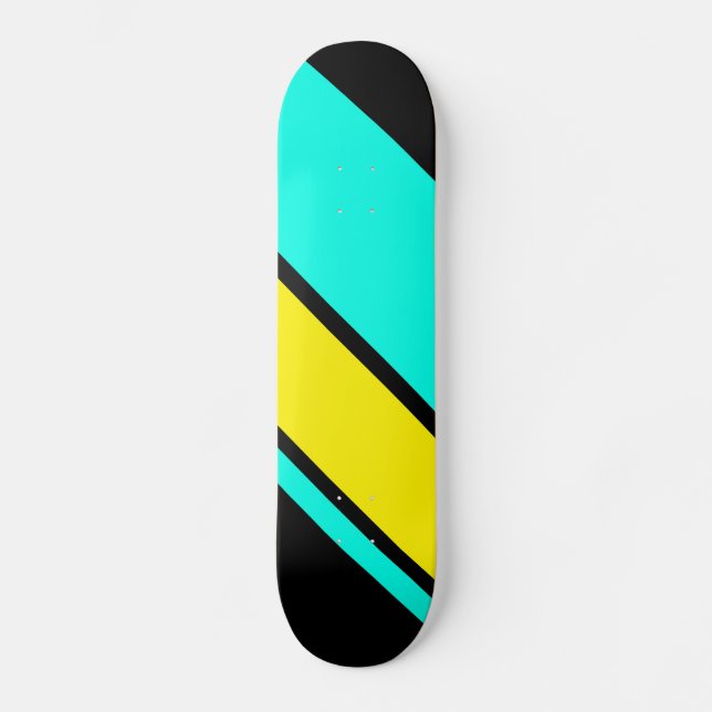 Cool Bright Yellow Aqua Racing Stripes On Black Skateboard (Front)
