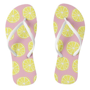 Cool Bright Yellow Citrus Lemon Slice Pattern Pink Jandals