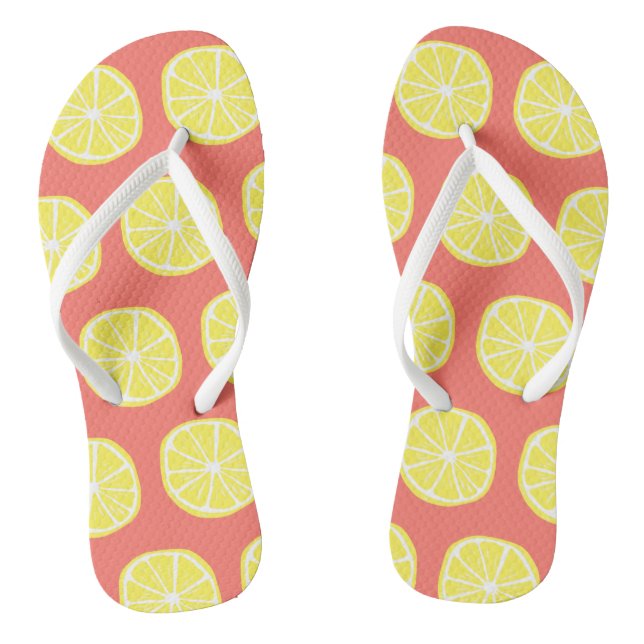 Cool Bright Yellow Lemon Slice Pattern on Coral Jandals (Footbed)
