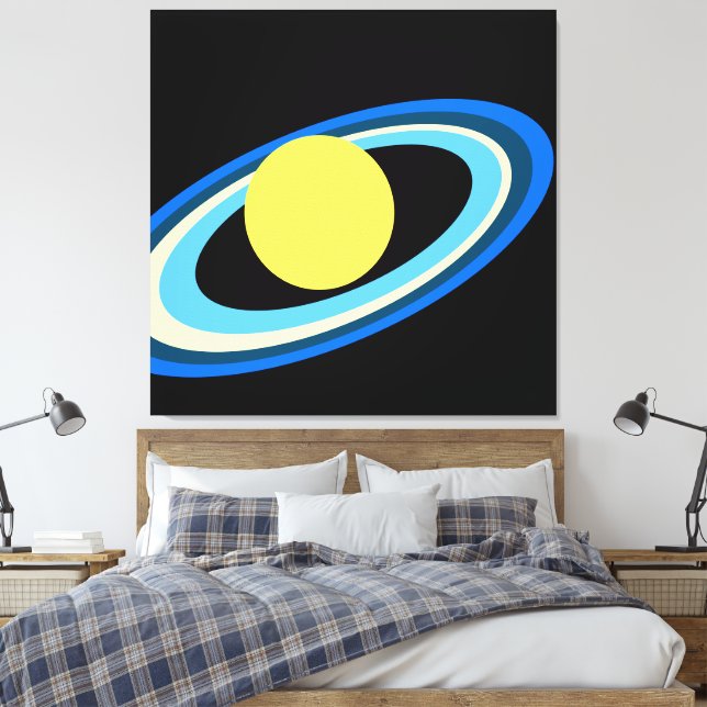 Cool Bright Yellow Saturn Blue White Green Rings Canvas Print (Insitu(Bedroom))
