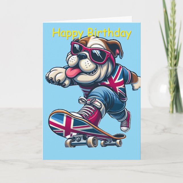 Cool British Bulldog on Skateboard  Card (Front)