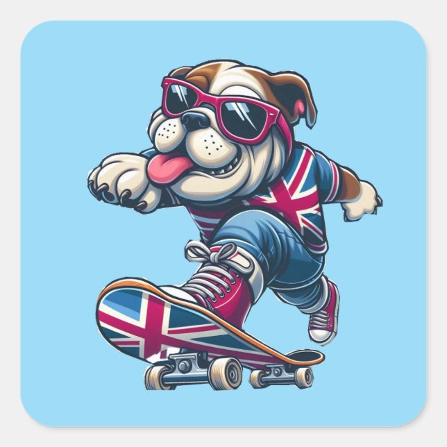 Cool British Bulldog on Skateboard  Square Sticker (Front)
