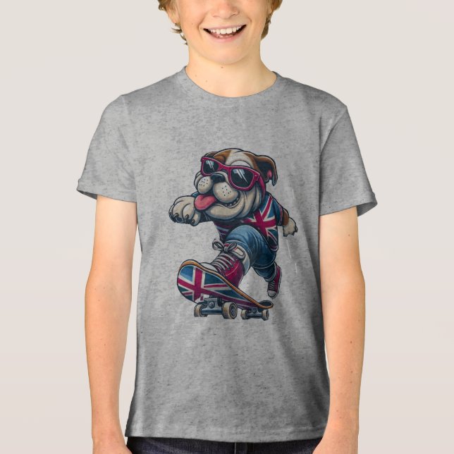 Cool British Bulldog on Skateboard  Tri-Blend Shirt (Front)
