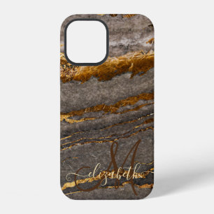 Cool Brown Gold Marble Texture Monogram iPhone 12 Case