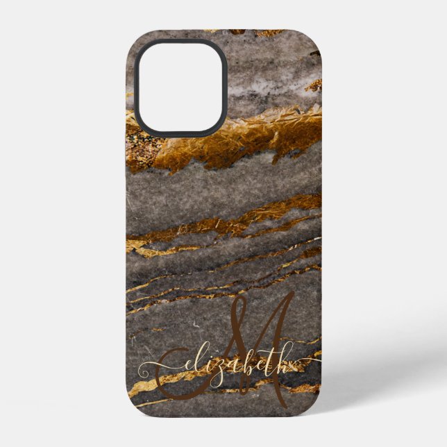 Cool Brown Gold Marble Texture Monogram iPhone Case (Back)