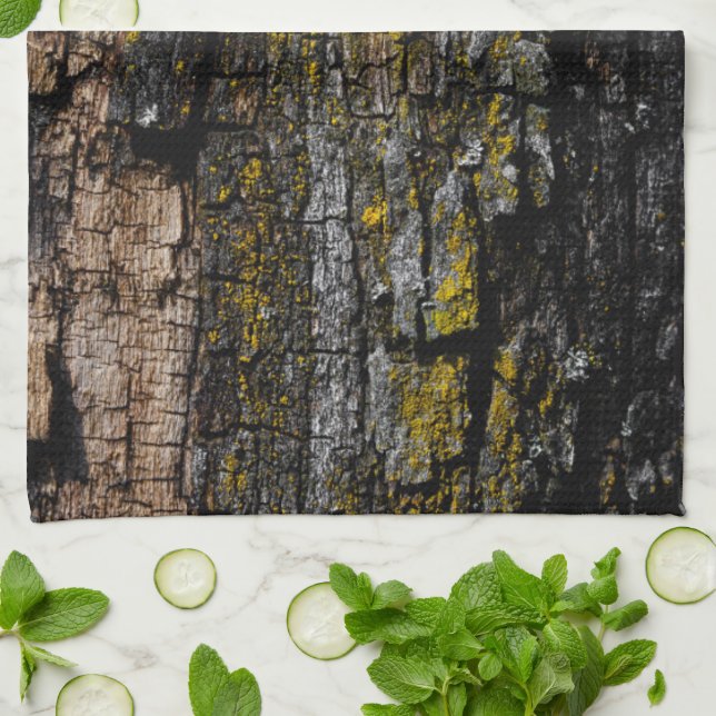 Cool Brown mossy wood bark with yellow lichen Tea Towel (Folded)