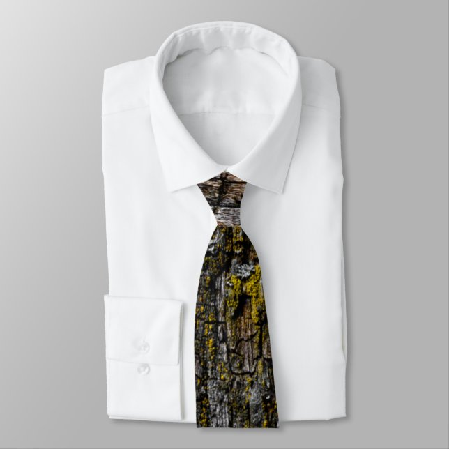 Cool Brown mossy wood bark with yellow lichen Tie (Tied)