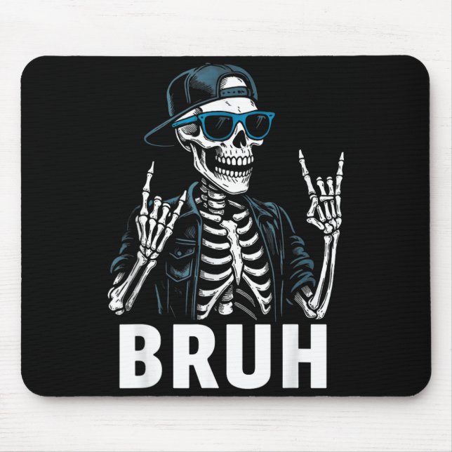 Cool Bruh Skeleton Rock On Halloween Men Teens Mouse Pad (Front)
