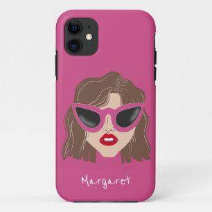 Cool Brunette with Glasses Pink Custom Name Case-Mate iPhone Case
