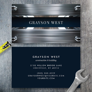 Cool Brushed Metal And Navy Modern Construction Business Card