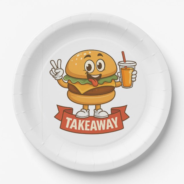 Cool Burger Buddy with Juice – Fun Cartoon Charact Paper Plate (Front)