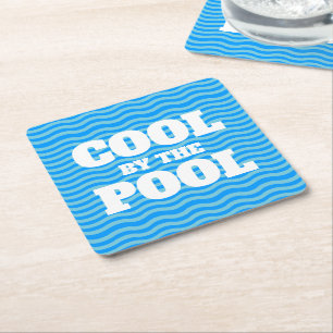 Cool by the pool blue water wavy lines summer fun square paper coaster