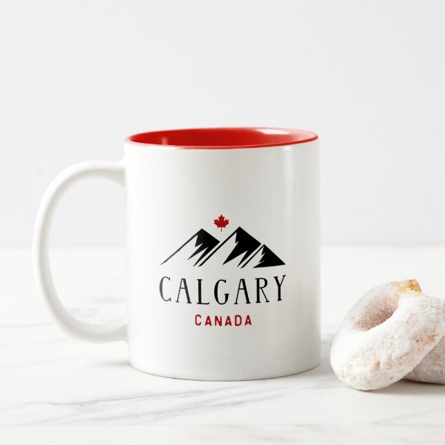 Cool Calgary Canada Mountains Maple Leaf  Two-Tone Coffee Mug (With Donut)