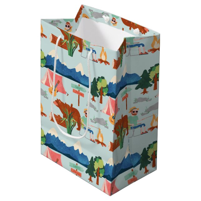 Cool camping party tiled pattern  medium gift bag (Front Angled)