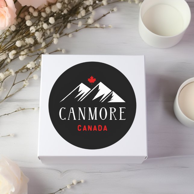 Cool Canmore Canada Mountains Maple Leaf Dark Classic Round Sticker (Creator Uploaded)