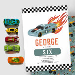 Cool Cars and Flames Boys 6th Birthday Invitation<br><div class="desc">Get ready to rev up the fun with this bold and modern boys' 6th birthday invitation! Featuring a racing car with fiery hot flames and a cool blue race car, wheel, and motorbike pattern on the back, this white-background design is perfect for little car enthusiasts. Easily personalise with your child's...</div>