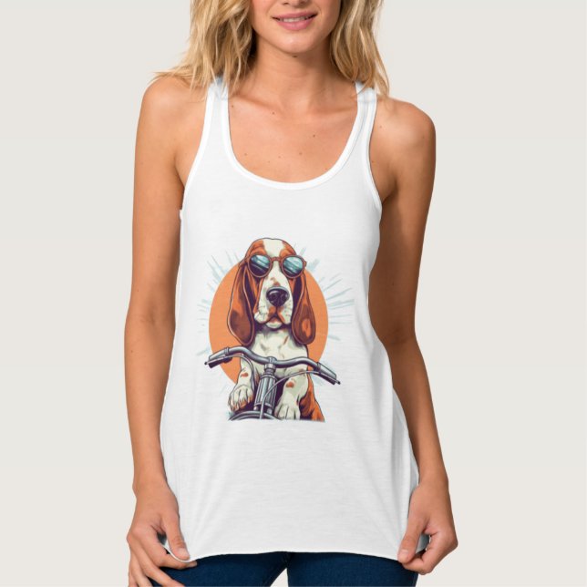 Cool cartoon basset hound biker T-Shirt Singlet (Front)
