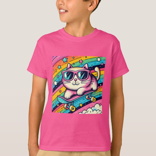 Cool Cartoon Cat Skating on Rollerboard | Fun Kids T-Shirt (Front)