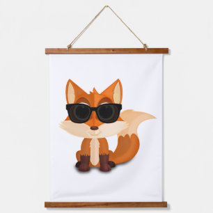Cool Cartoon Fox Wearing Sunglasses Whimsical Wood Hanging Tapestry