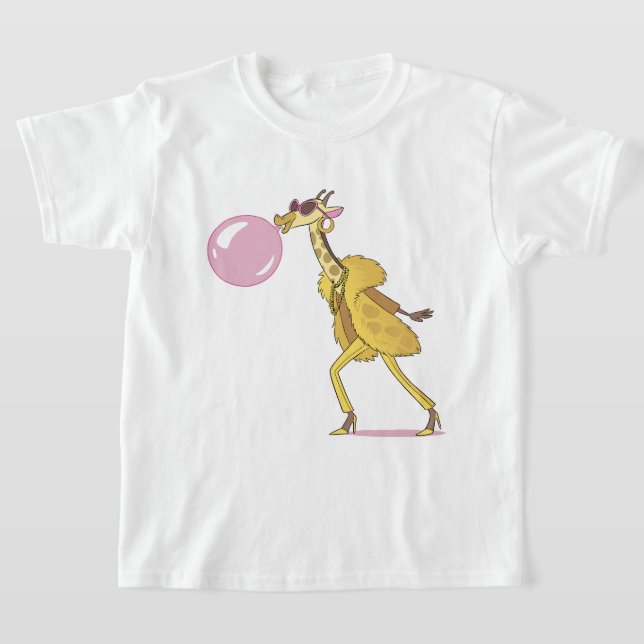 Cool Cartoon Giraffe in Fur Coat with Bubblegum T-Shirt (Laydown)