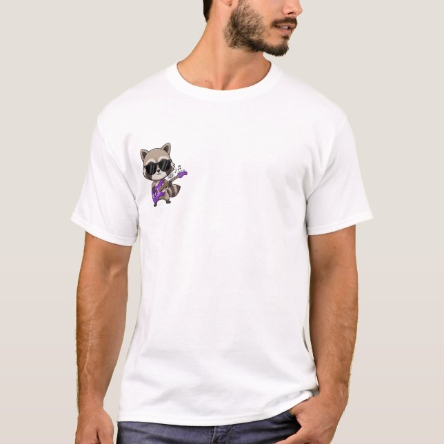 Cool Cartoon Raccoon Playing Purple Bass Guitar T-Shirt (Front)