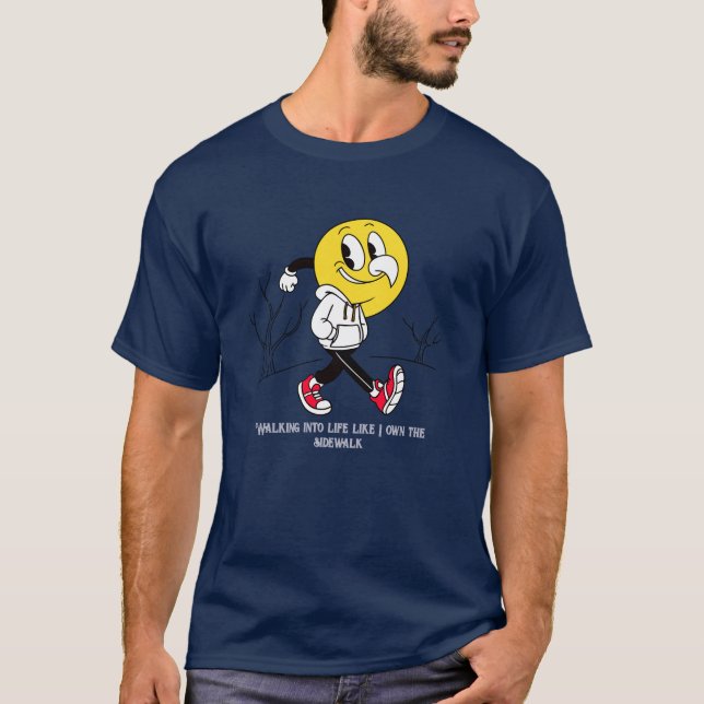 Cool Cartoon Smiley Walking Graphic  T-Shirt (Front)