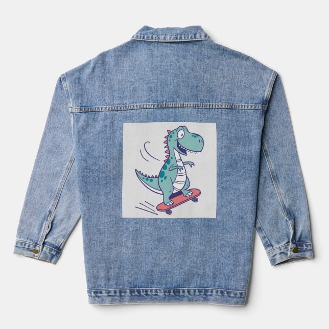 Cool Cartoon T-Rex on Skateboard Denim Jacket (Back)