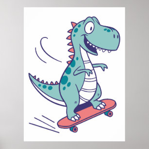 Cool Cartoon T-Rex on Skateboard Poster