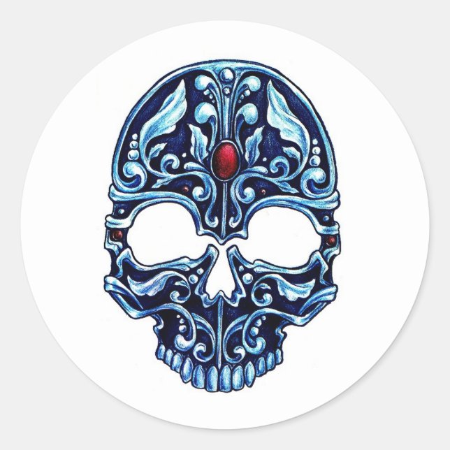 Cool cartoon tattoo symbol blue metal gothic skull classic round sticker (Front)