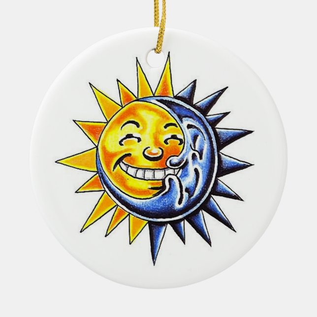 Cool cartoon tattoo symbol happy sun moon face ceramic tree decoration (Front)