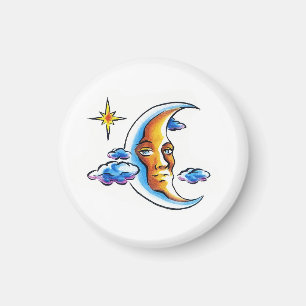 Cool cartoon tattoo symbol Moon face star clouds Magnet