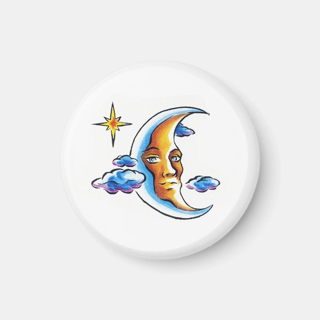 Cool cartoon tattoo symbol Moon face star clouds Magnet (Front)