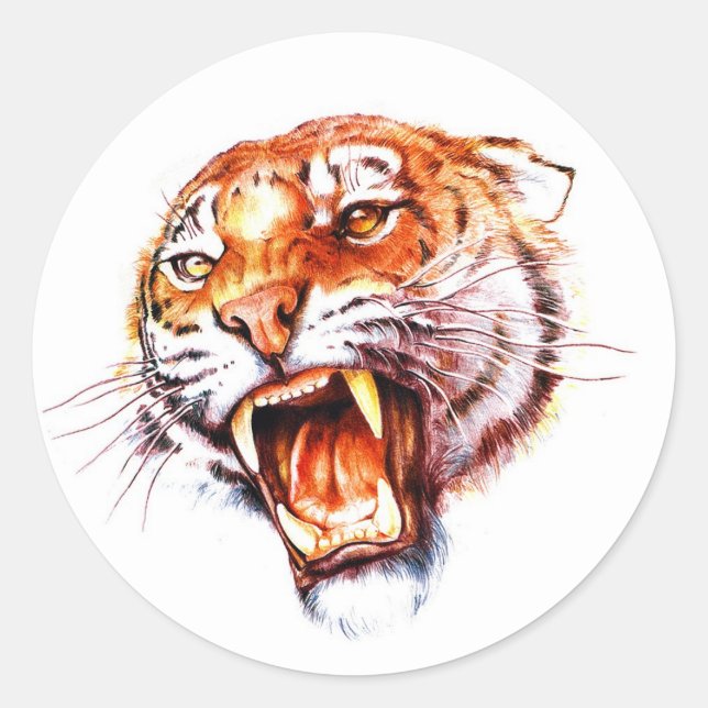 Cool cartoon tattoo symbol roaring tiger head classic round sticker (Front)