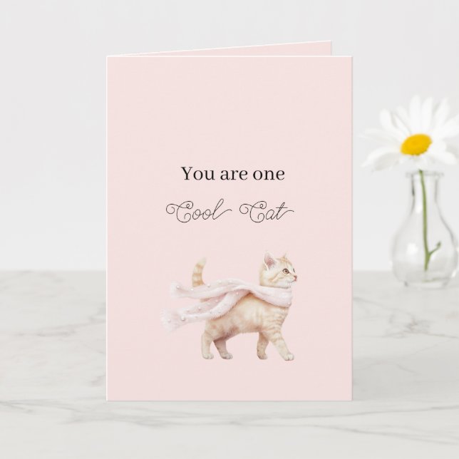 Cool Cat Blush Pink Scarf Birthday Card (Small Plant)