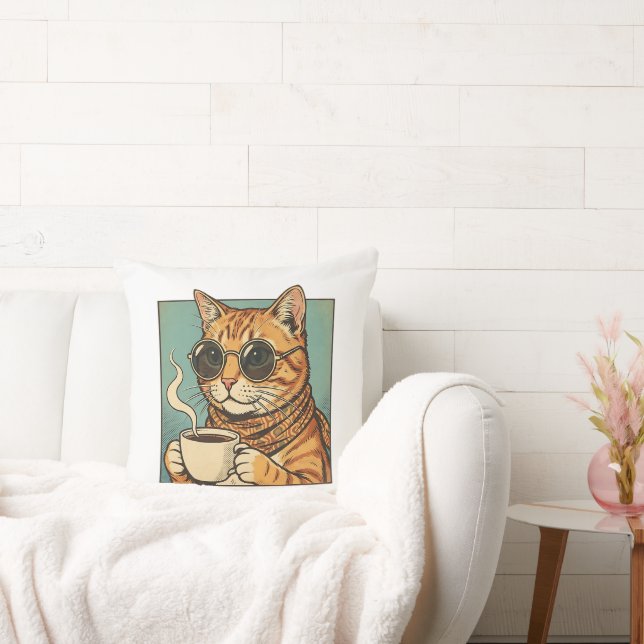 Cool Cat Coffee Retro Style Design for Cat Lovers Cushion (Couch)